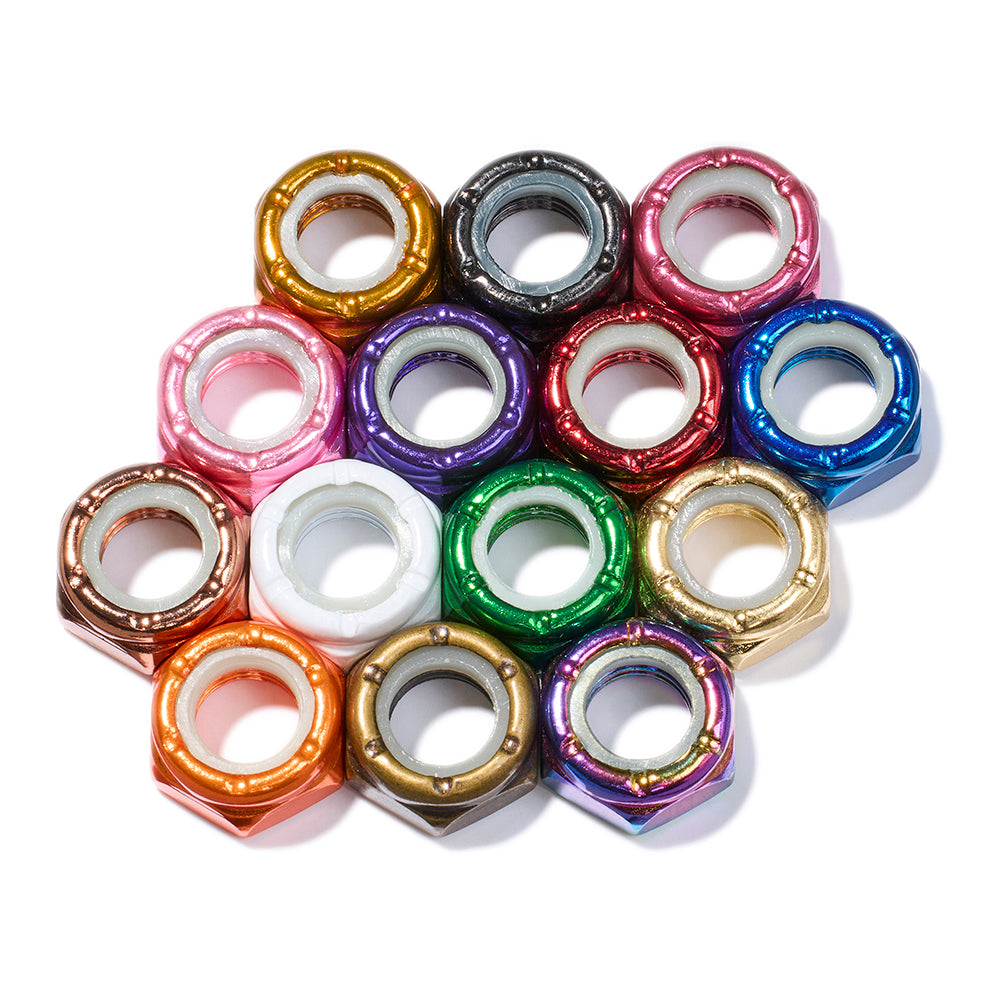 Sample photo of all fourteen custom colors of Defiant Upgrades 8MM skate axle nuts